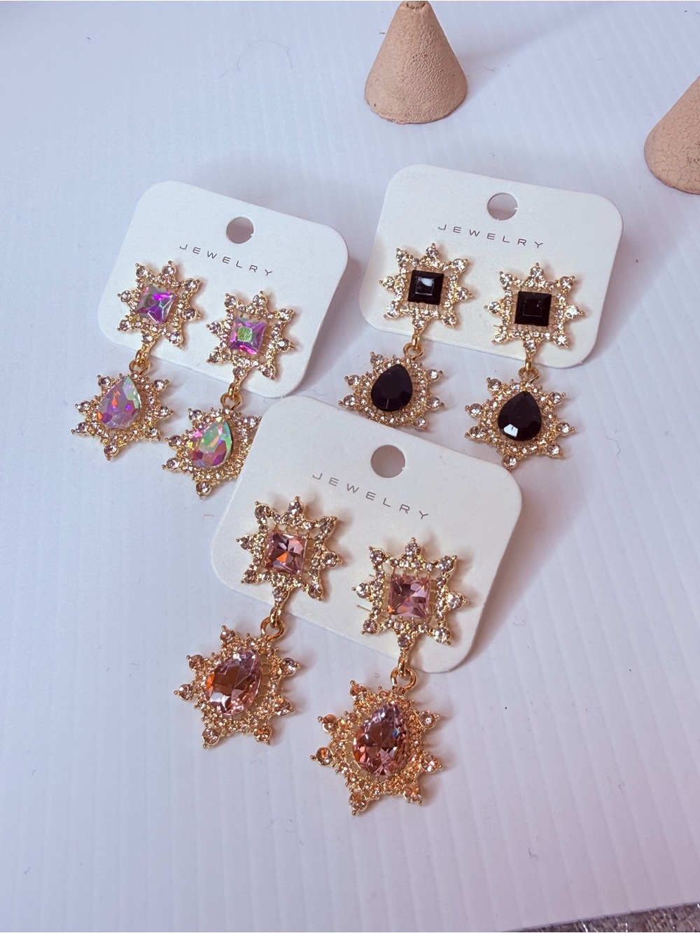 3 pair Gold Starburst Drop Earrings with Crystals bundle